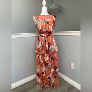 NWT spring orange floral maxi short ruffle shouldered dress